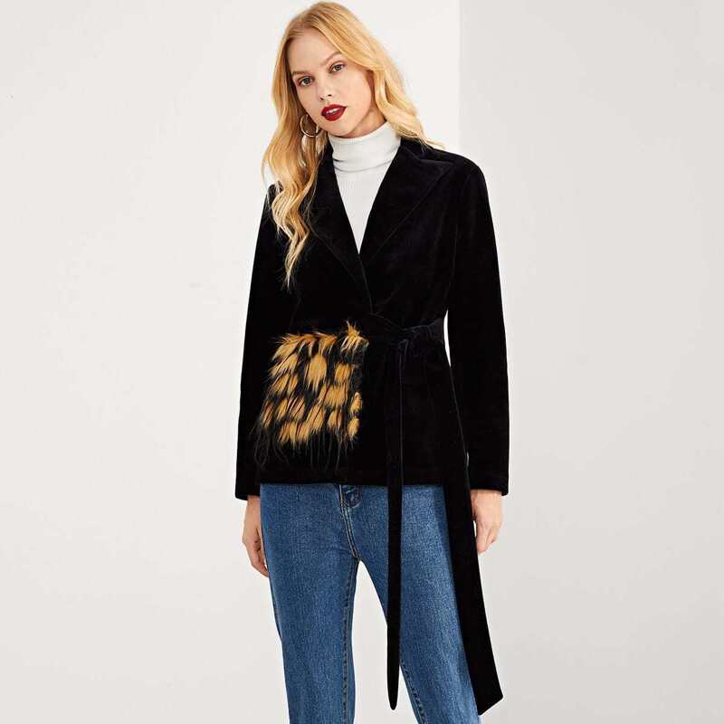 

Contrast Faux Fur Knot Blazer, Black