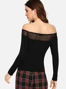 SHEIN Áo thun Tương phản Mesh màu trơn màu đen Tao nhã - màu đen - Xem 2