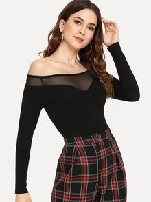SHEIN Áo thun Tương phản Mesh màu trơn màu đen Tao nhã - màu đen - Xem 3
