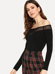 SHEIN Áo thun Tương phản Mesh màu trơn màu đen Tao nhã - màu đen - Xem 4