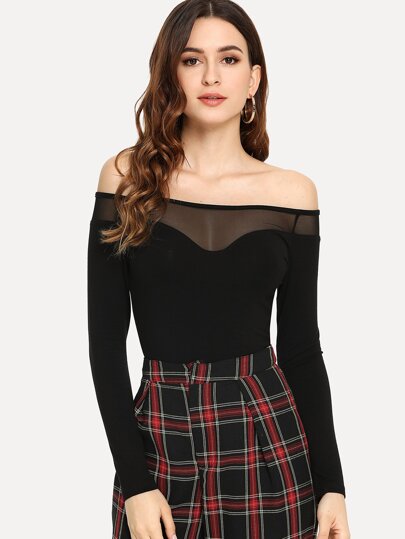 Off Shoulder Mesh Contrast Tee