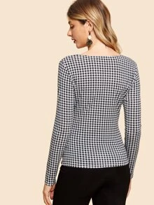 SHEIN Camiseta de cuadros gingham con lazo - Blanco y Negro - Ver 2