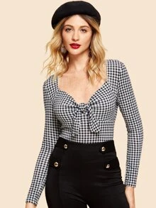 SHEIN Camiseta de cuadros gingham con lazo - Blanco y Negro - Ver 1