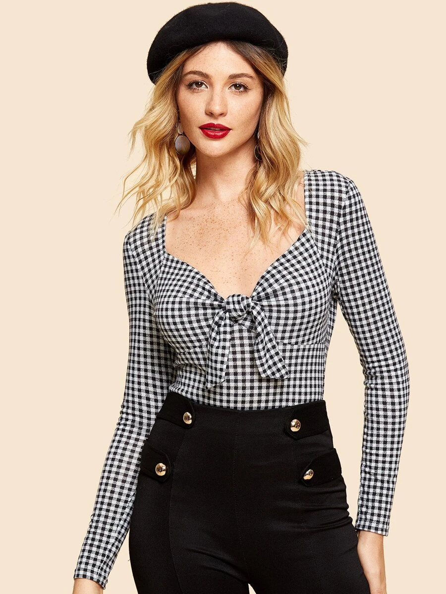 SHEIN Camiseta de cuadros gingham con lazo - Blanco y Negro - Ver 1