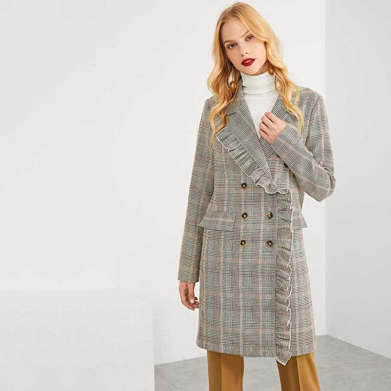

Frill Trim Double Breasted Plaid Longline Coat, Grey