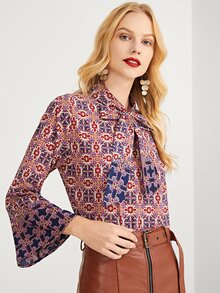 Tie Neck Ornate Print Top