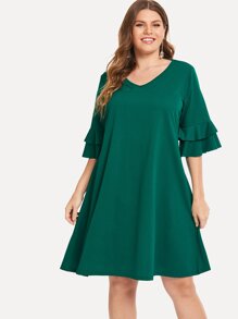 Plus Flounce Sleeve Solid Swing Dress