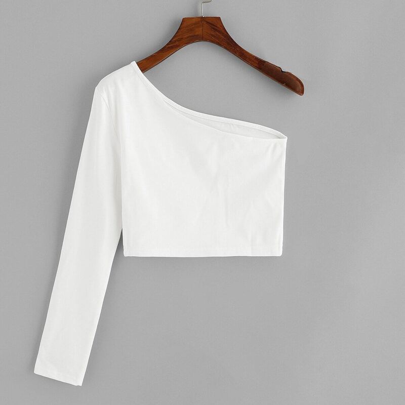 

One Shoulder Solid Crop Tee, White