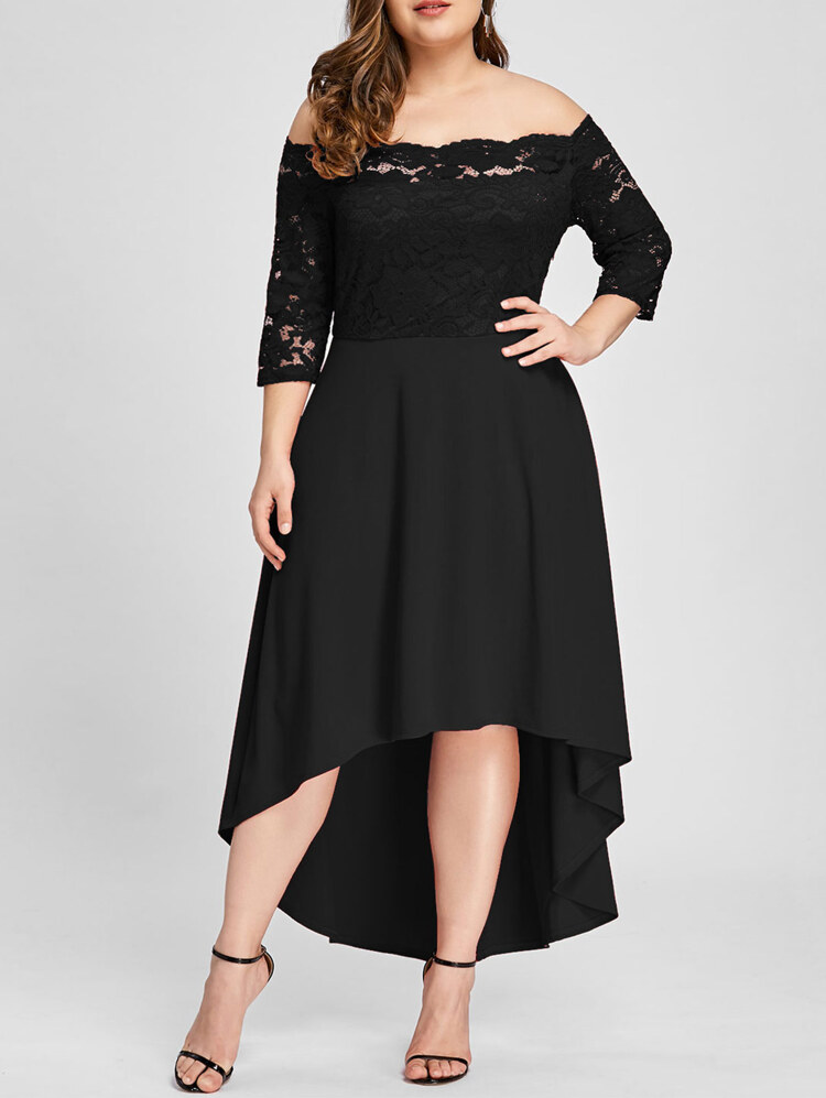 SHEIN Plus Lace Overlay Dip Hem Bardot Dress - Black - View 3