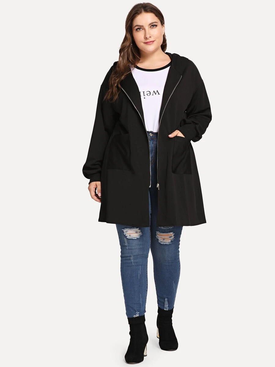Áo khoác cỡ lớn Túi màu trơn màu đen Casual - màu đen - Xem 1