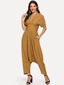 Roll Up Sleeve Wide Waistband Harem Jumpsuit