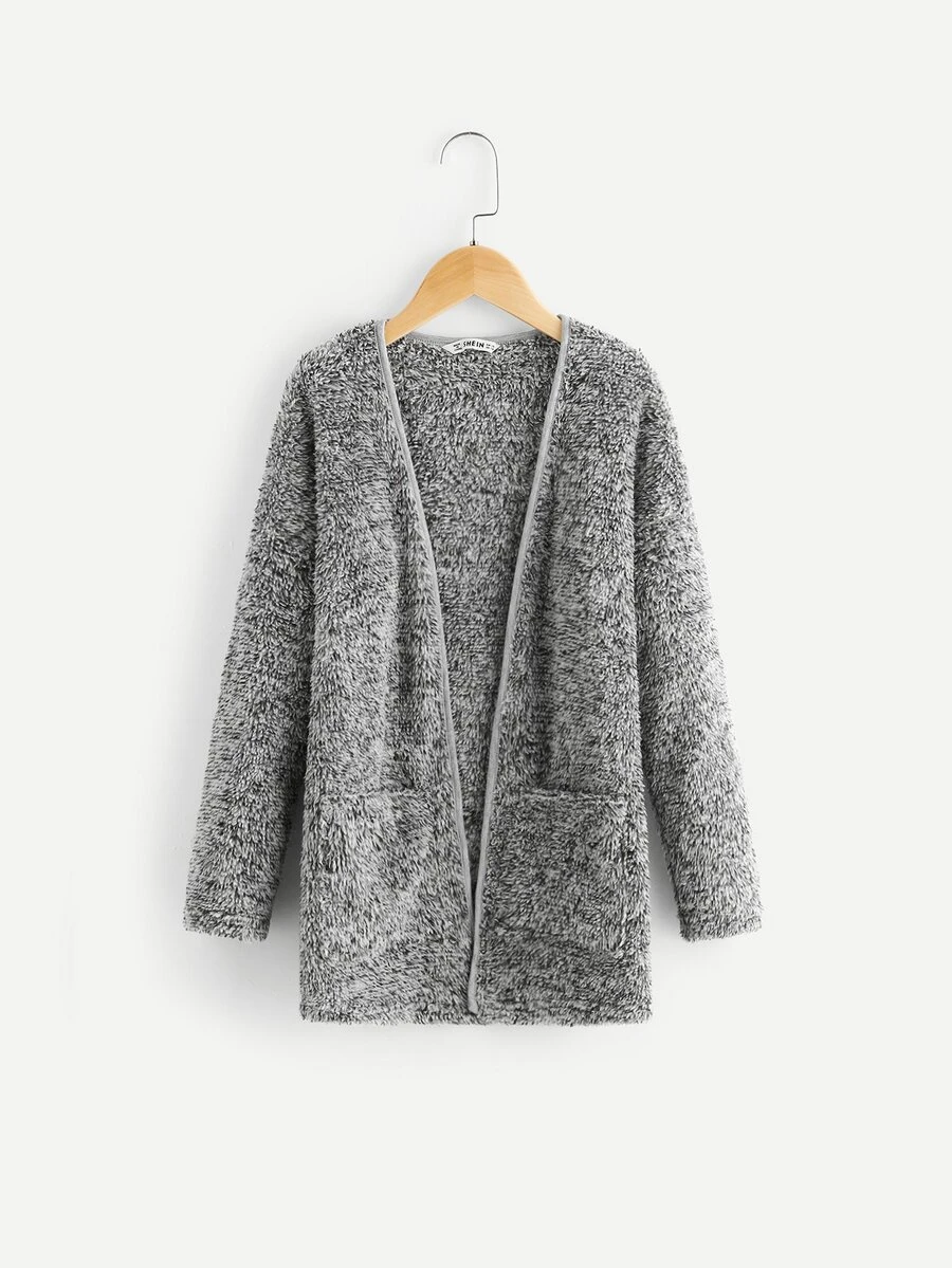 SHEIN Girls Pocket Front Teddy Coat - Grey - View 1