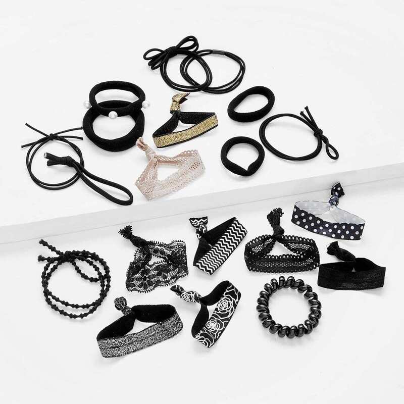 

Faux Pearl & Knotted Hair Tie 20pcs With Mesh, Black