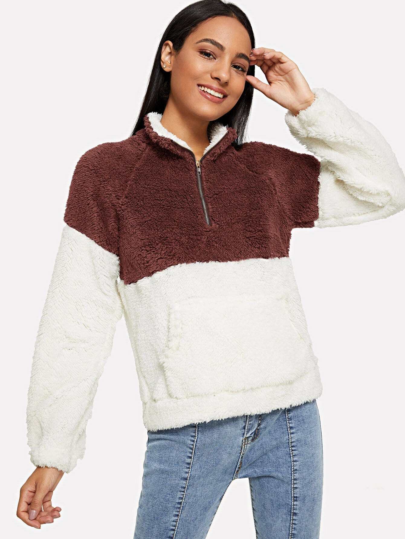 drop shoulder quarter zip teddy sweatshirt