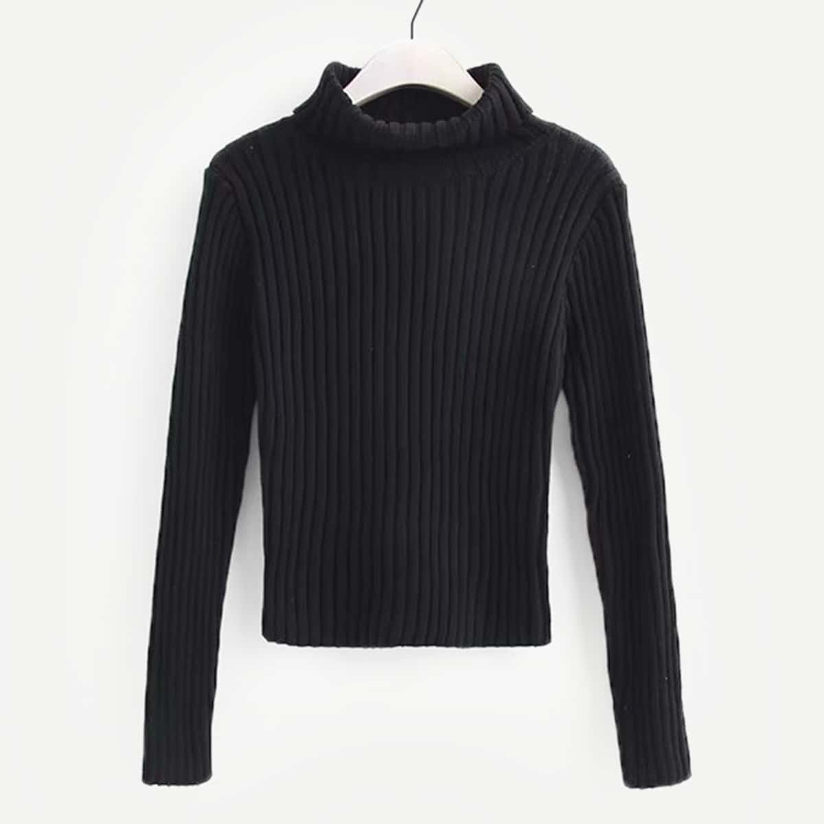 

Plain Rib Knit High Neck Sweater, Black