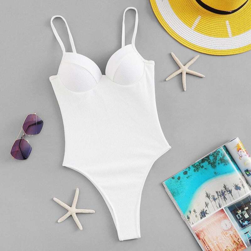 

Underwire Ribbed High Leg One Piece Swimsuit, White