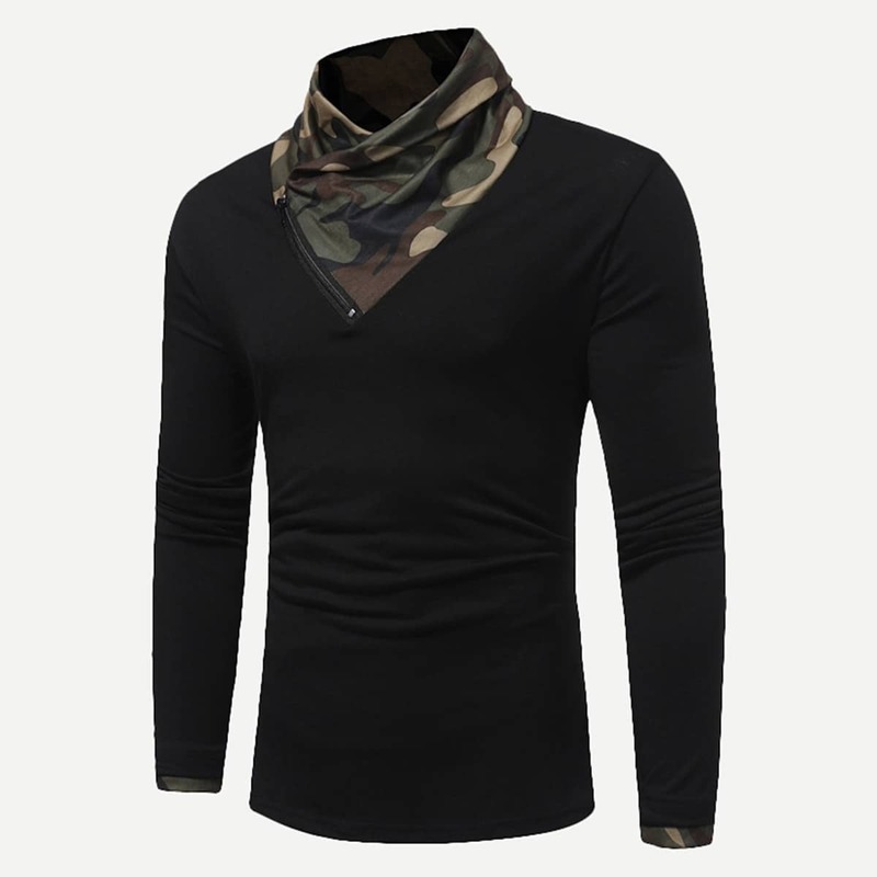 

Guys Zip Front Camo Print Tee, Black