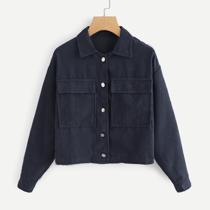 

Pocket Decoration Solid Collar Corduroy Jacket, Navy