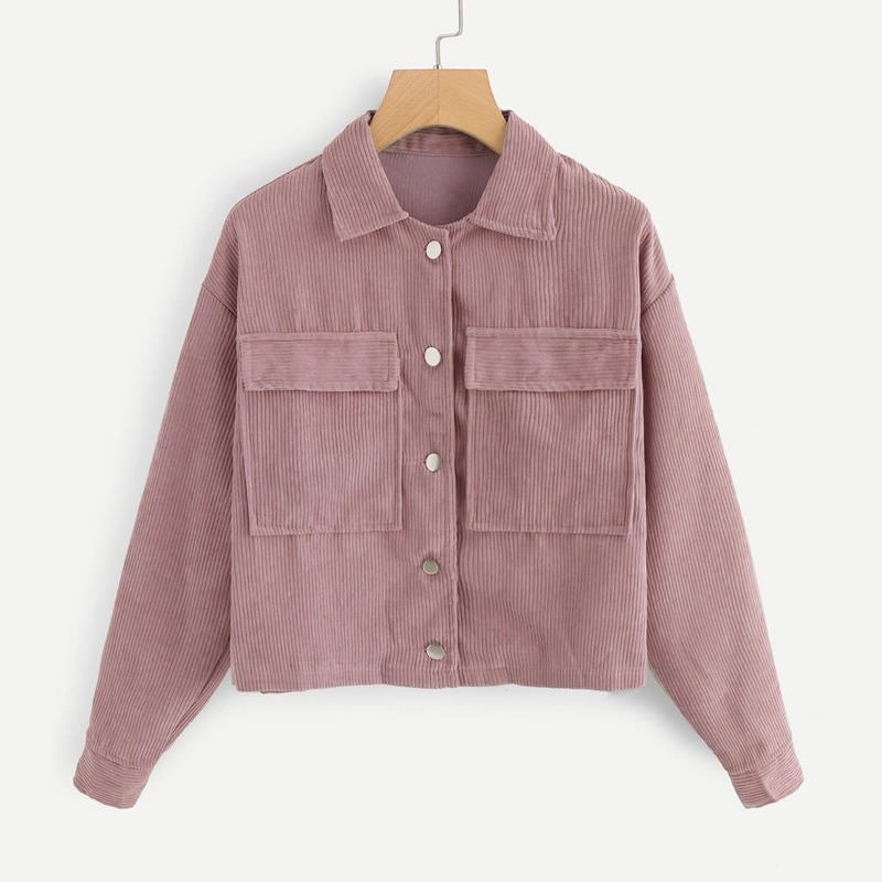 

Pocket Decoration Solid Collar Corduroy Utility Jacket, Pink