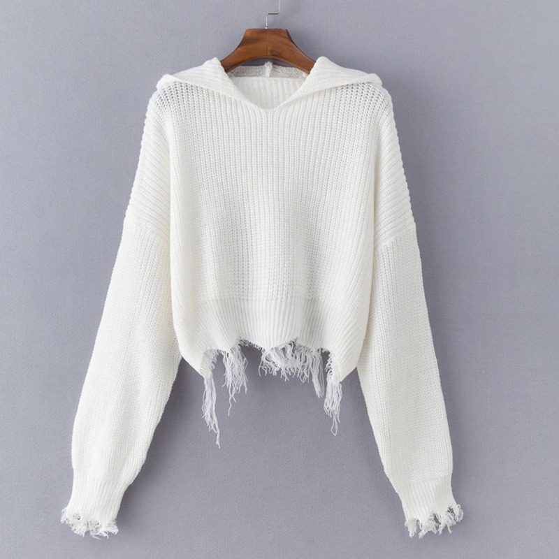 

Frayed Hem Solid Hooded Sweater, White