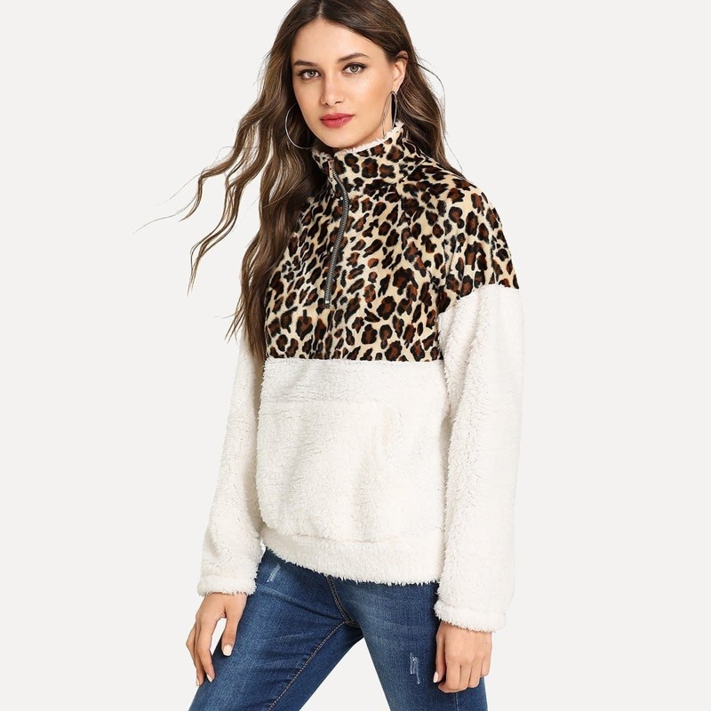 

Quarter Zip Leopard Print Teddy Sweatshirt, Multicolor