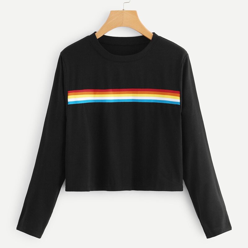 

Rainbow Tape Panel Crop Tee, Black