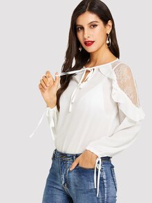 Lace Insert Ruffle Trim Knotted Blouse