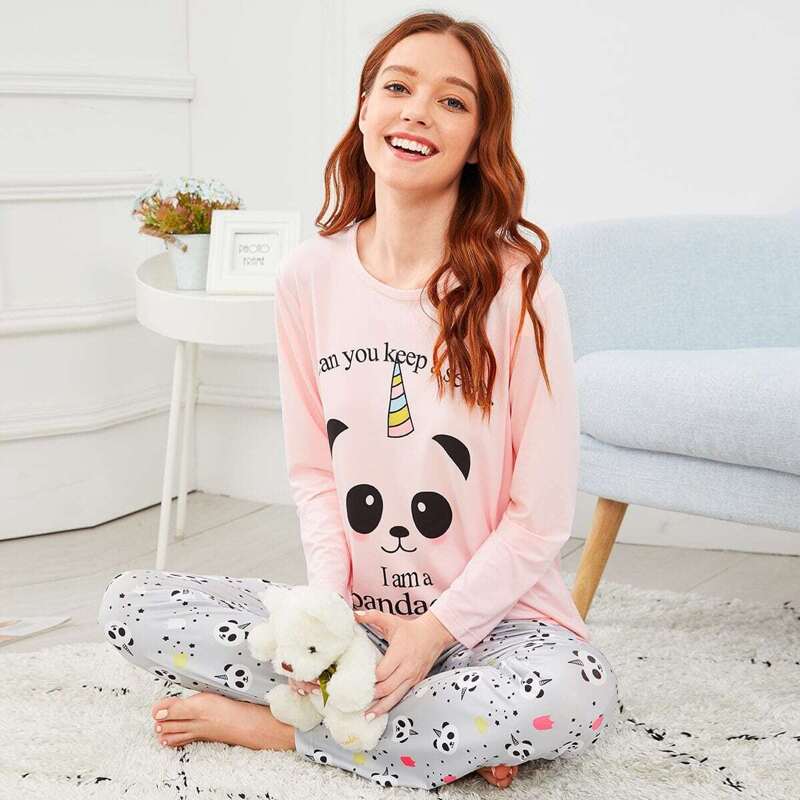 

Panda & Letter Print Pajama Set, Multicolor