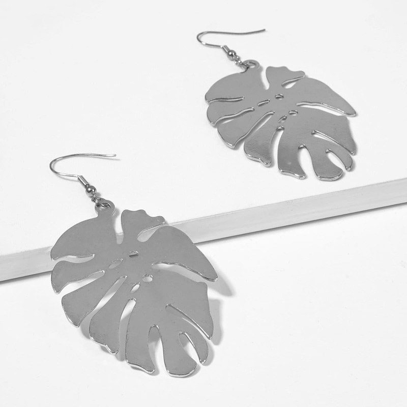 

Tropical Leaf Shaped Metal Drop Earrings 1pair, Silver