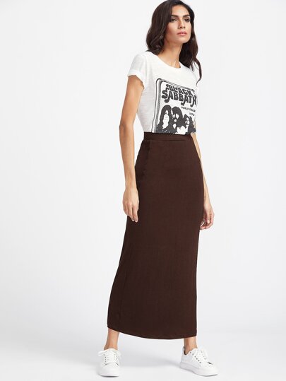 Elastic Waist Longline Solid Skirt pictures