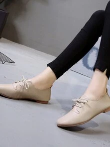 Scalloped Trim Lace Up Flats - Beige - View 2