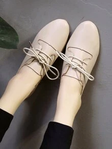 Scalloped Trim Lace Up Flats - Beige - View 3