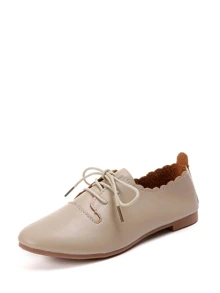 Scalloped Trim Lace Up Flats - Beige - View 1