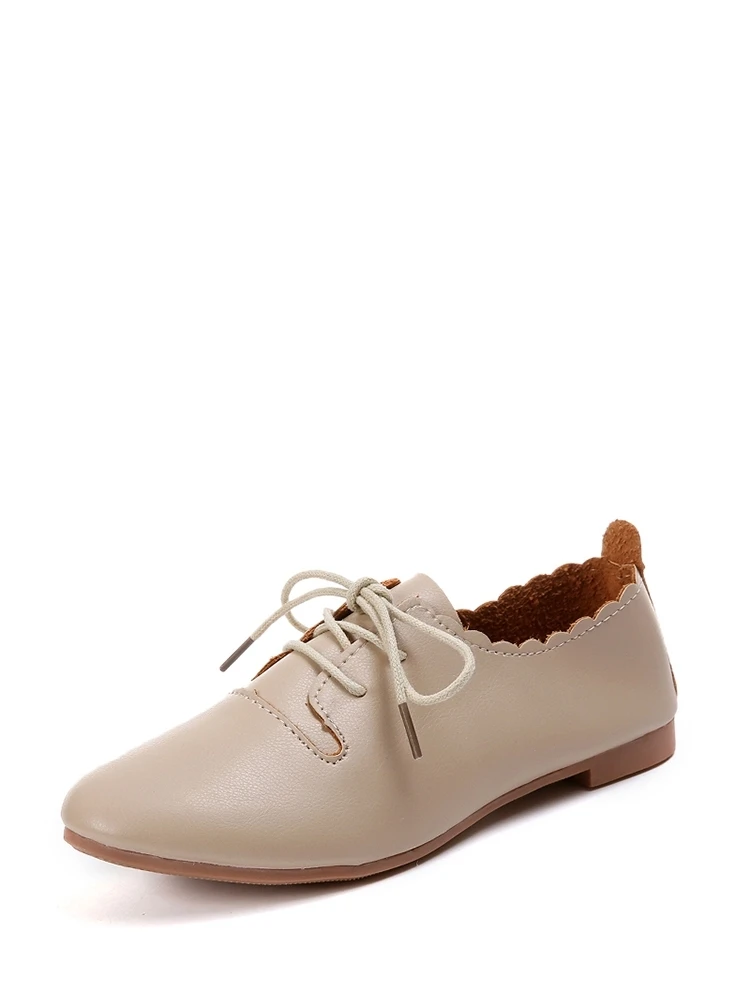 Scalloped Trim Lace Up Flats - Beige - View 1