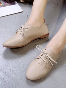 Scalloped Trim Lace Up Flats - Beige - View 5