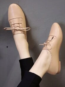 Scalloped Trim Lace Up Flats - Apricot - View 3