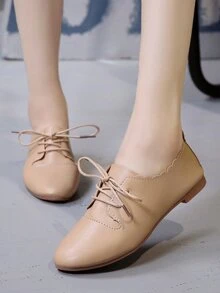 Scalloped Trim Lace Up Flats - Apricot - View 4