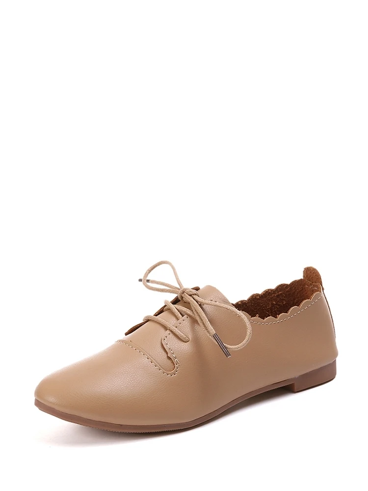 Scalloped Trim Lace Up Flats - Apricot - View 1