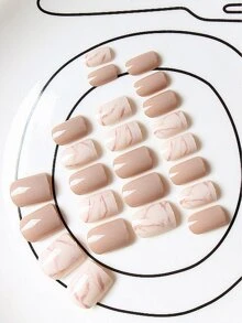 24 件短方形扎染假指甲，包含 1 件果冻凝胶和 1 个指甲锉 - 杏色 - 查看 1