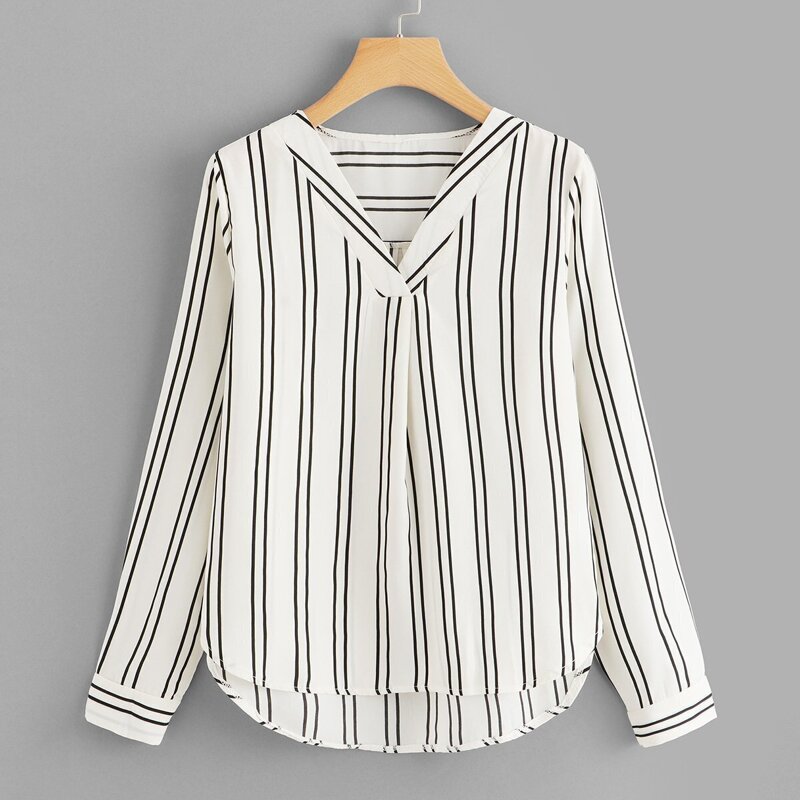 

Dip Curved Hem Striped Blouse, Black and white