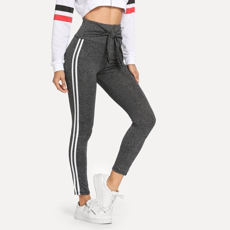 

Contrast Tape Side Knot Detail Leggings, Grey