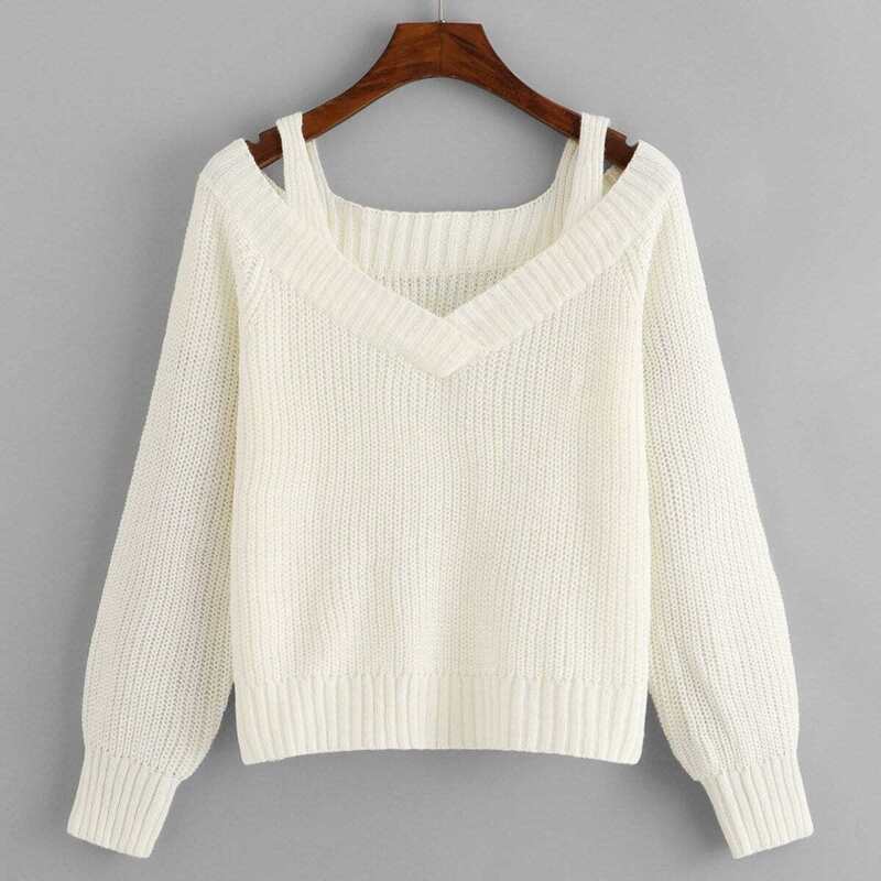 

Cold Shoulder V Neck Sweater, White