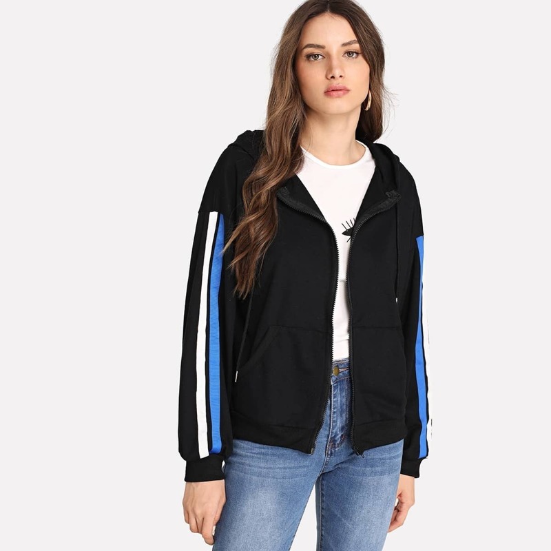 

Stripe Sleeve Pocket Patched Jacket, Black