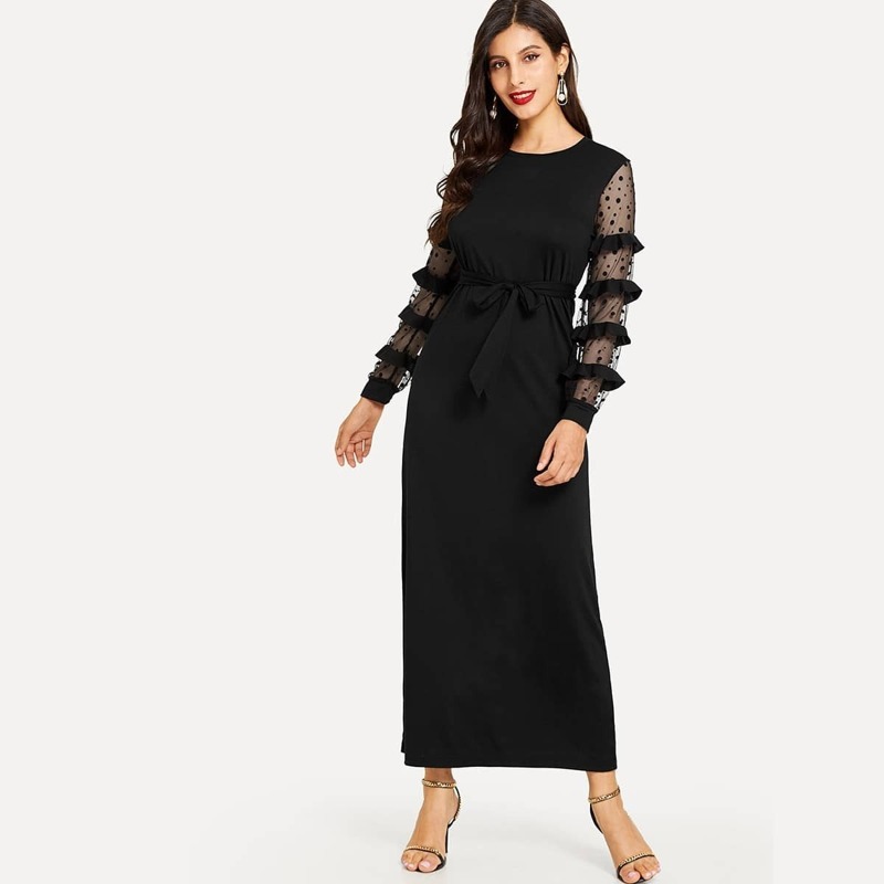 

Tiered Ruffle Bobby Mesh Sleeve Belt Dress, Black