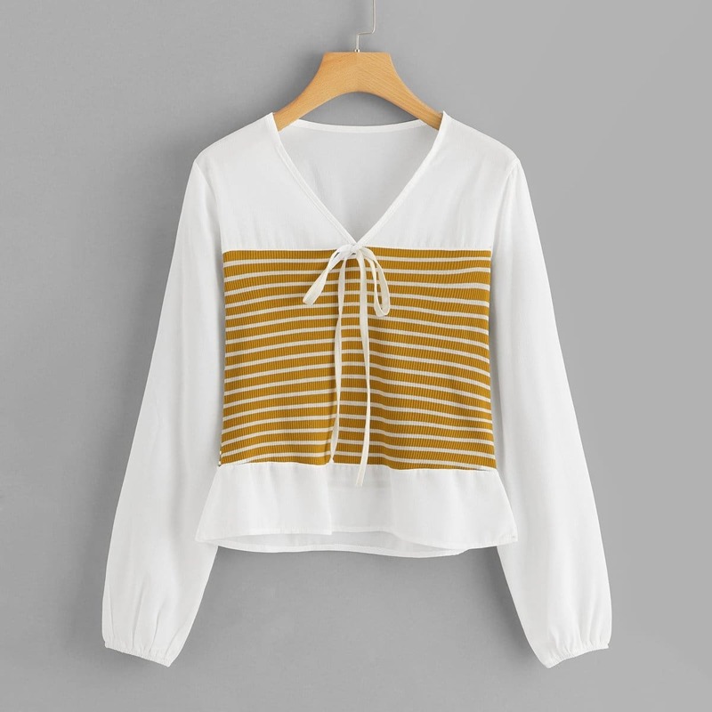 Striped Bow Tie Blouse, White