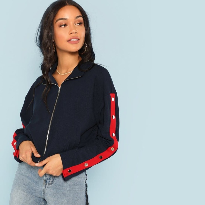 

Button Detail Zip Front Striped Jacket, Navy