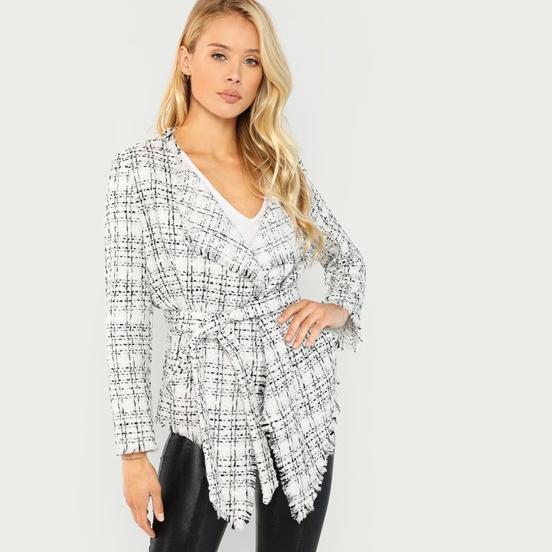

Frayed Trim Belted Tweed Coat, Black and white