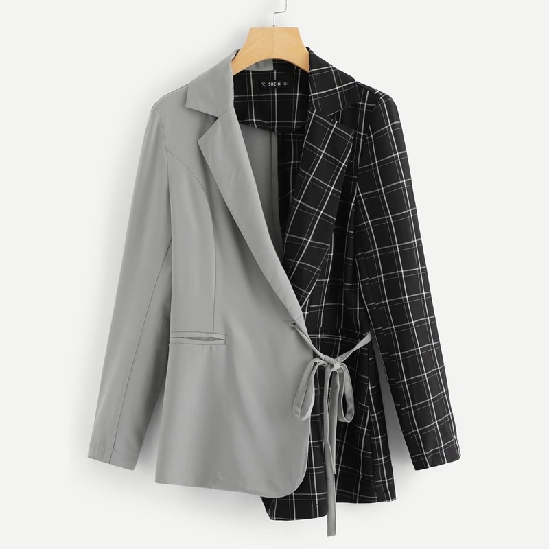 

Two Tone Tie Waist Wrap Asymmetrical Coat, Multicolor
