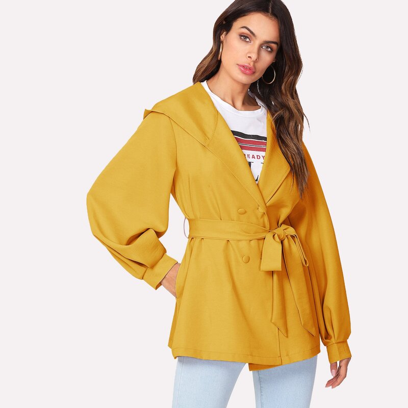 

Self Belted Hoodie Coat, Yellow