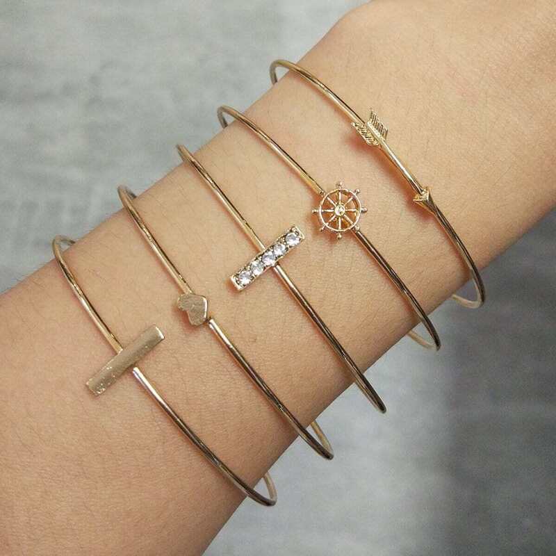 Bar & Arrow Cuff Bracelet Set 5pcs, Gold
